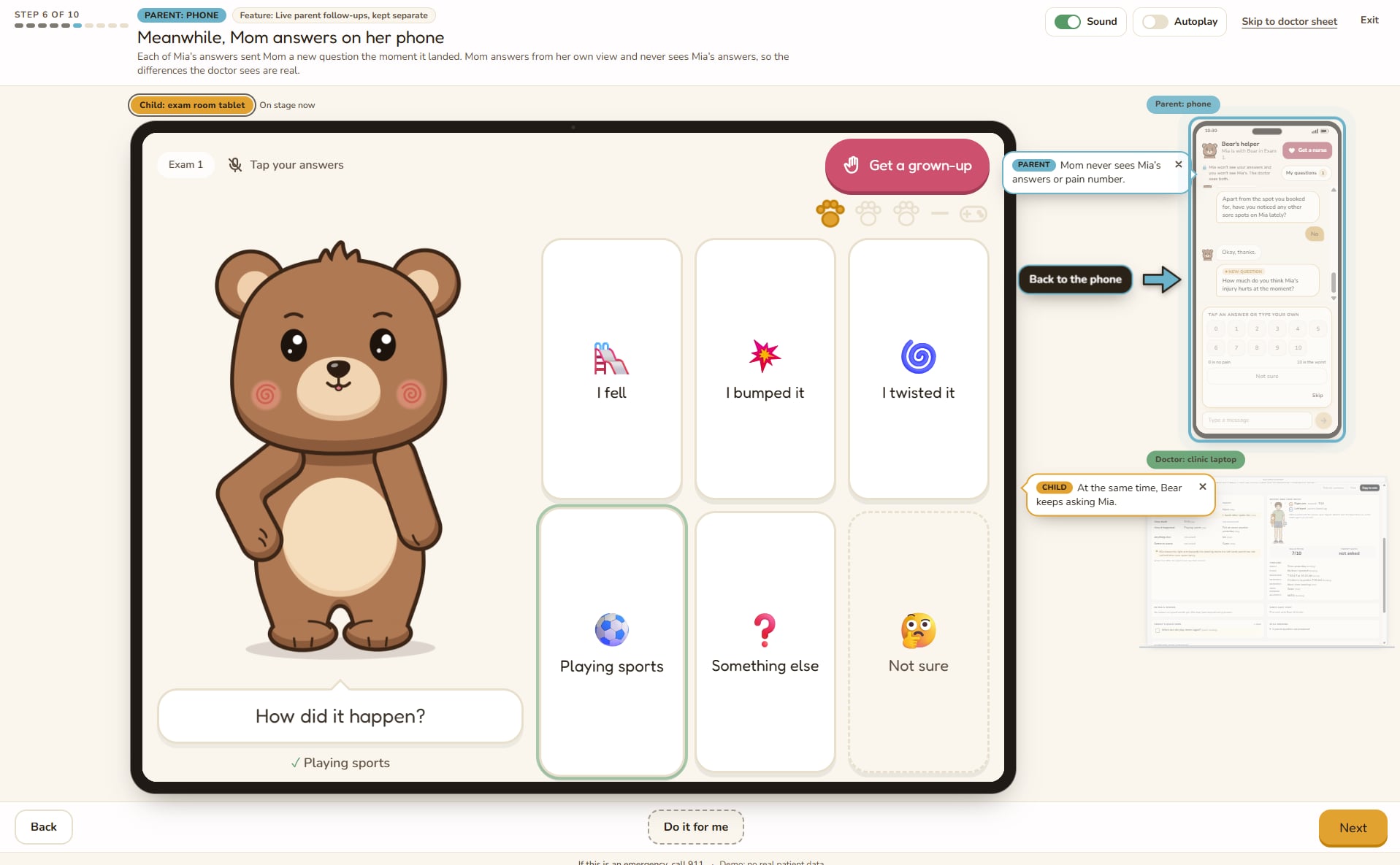 Child tablet view with Bear asking a question